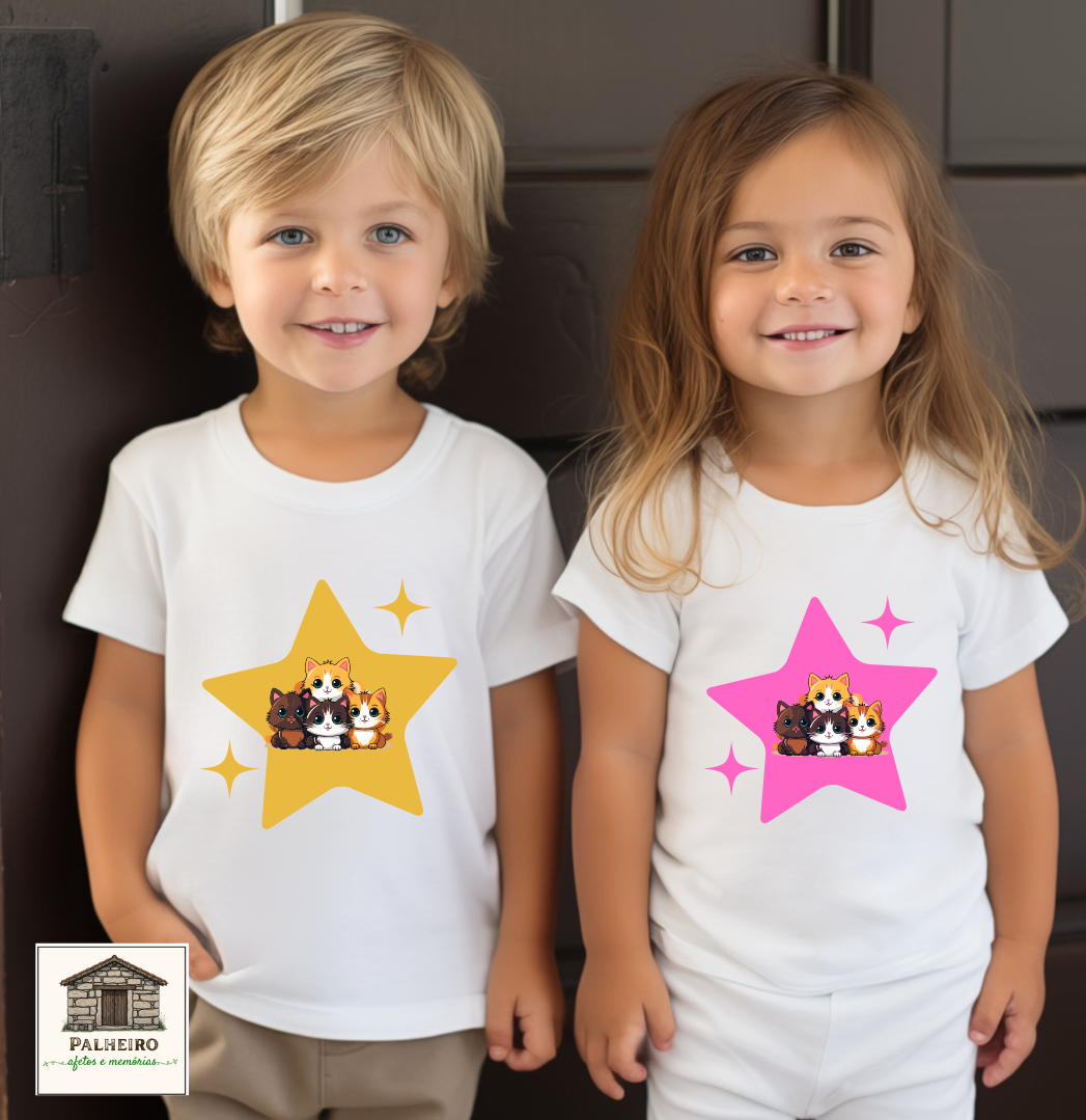 T-shirt - Coleção Gatos - Gatinhos na estrela